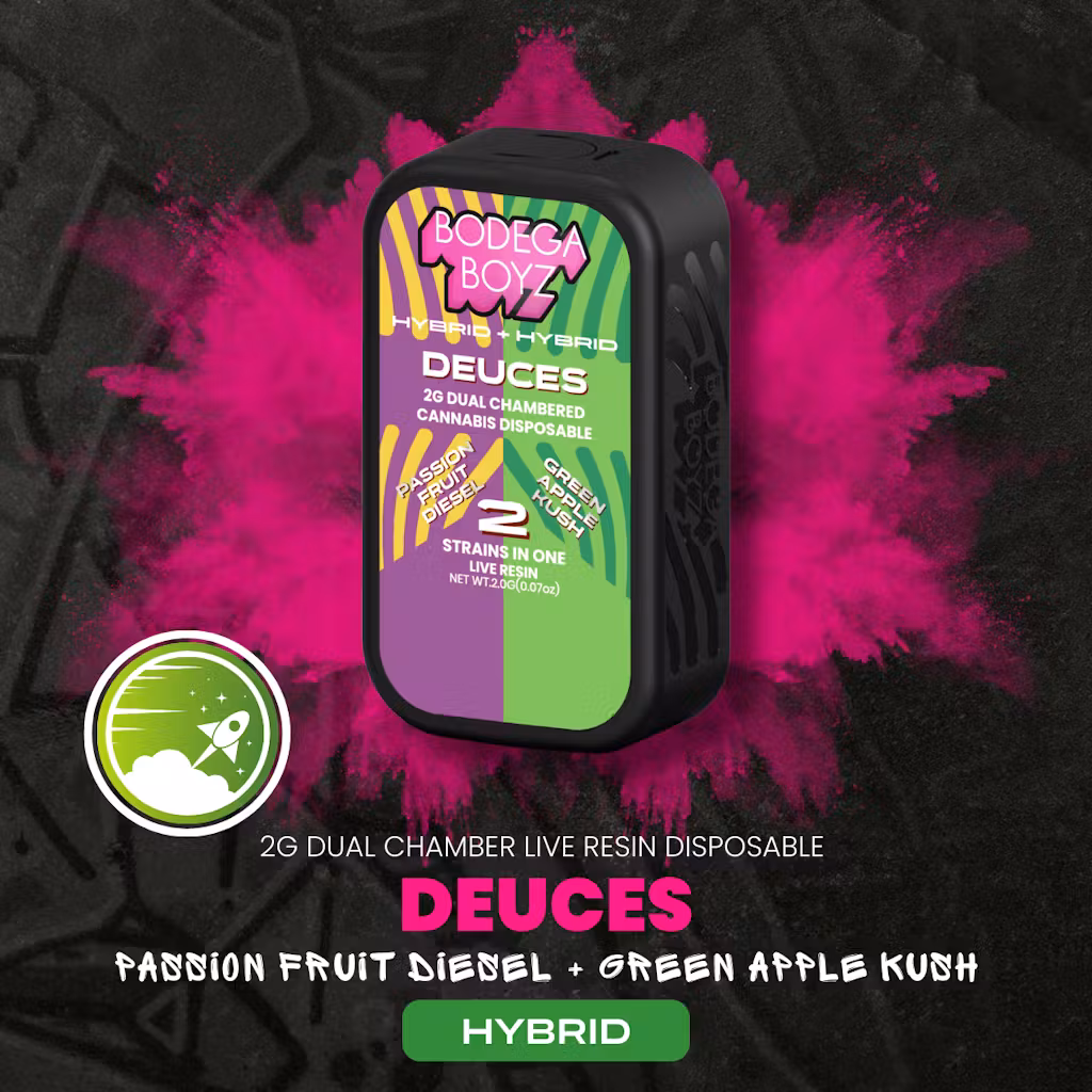 Photograph of product: Bodega Boyz | 2g Dual Live Resin AIO | Deuces | Passion Fruit Diesel x Green Apple Kush