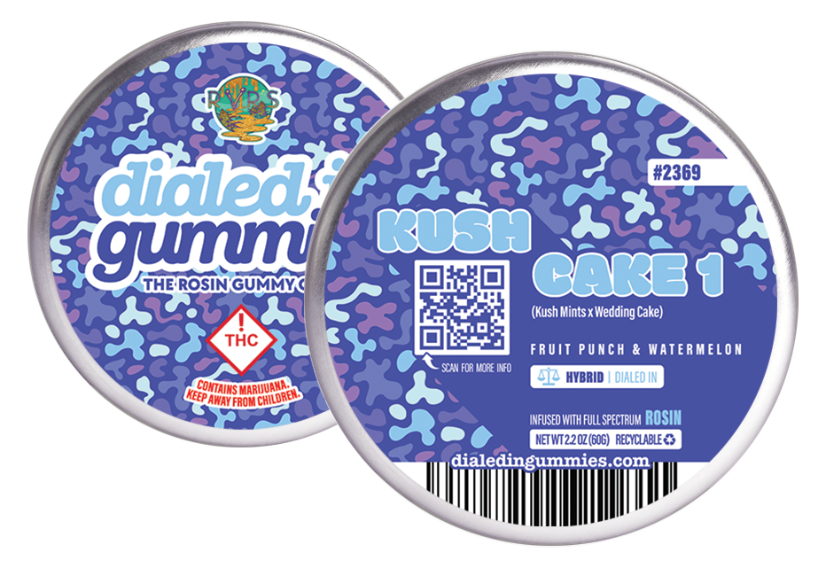 Photograph of product: Dialed In...Gummies (H) Kush Cake 1 Batch #2369 Fruit Punch/Watermelon Live Rosin Gummies 100mg