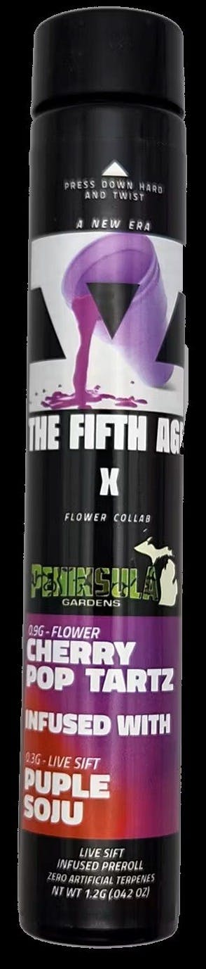 Photograph of product: THE FIFTH AGE | CHERRY POP TARTZ X PURPLE SOJU | LIVE SIFT INFUSED PREROLL | 1.2G