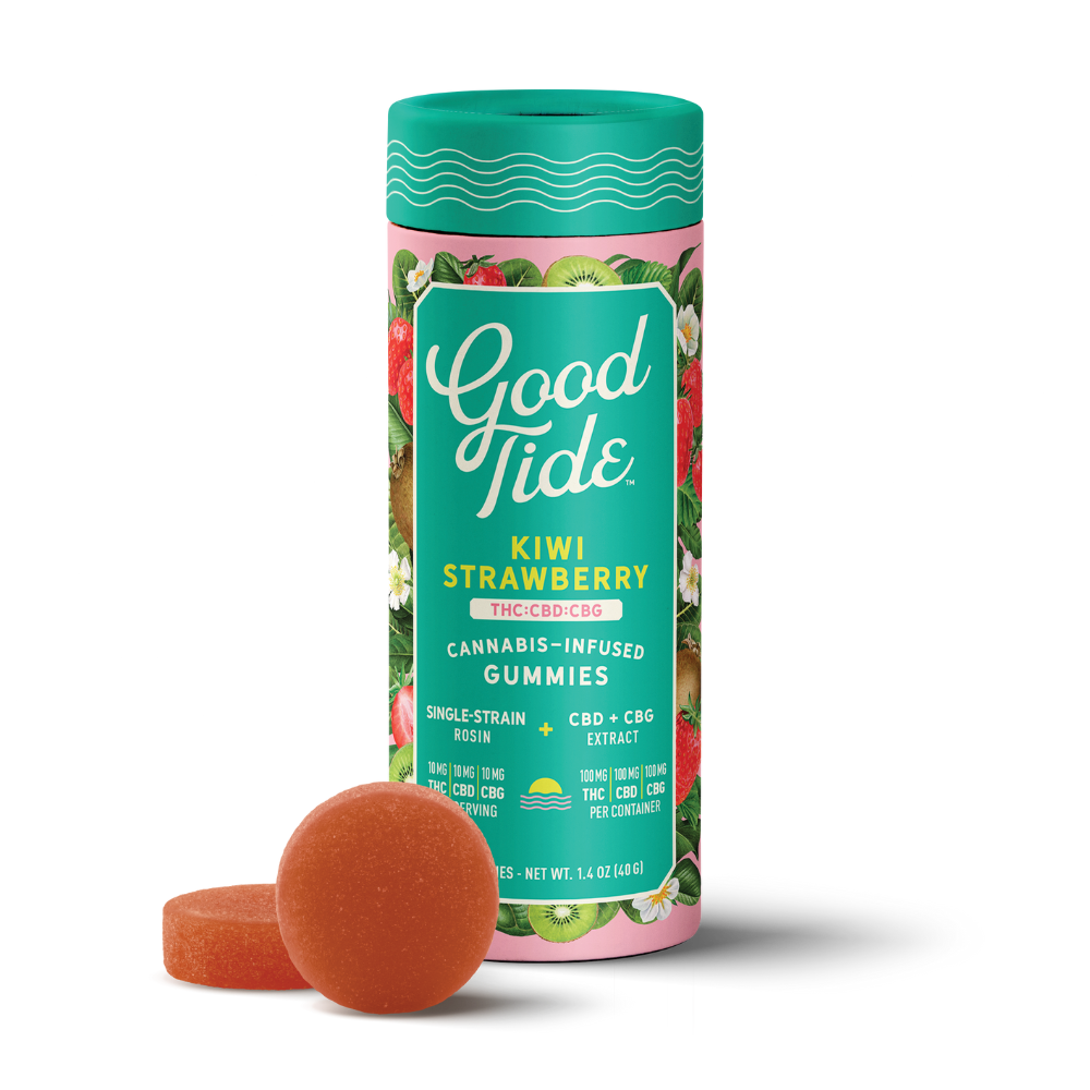 Photograph of product: GOOD TIDE SOLVENTLESS GUMMIES - KIWI STRAWBERRY 1:1:1 TH-oui:CBD:CBG 100MG (10CT) - 100 MG - 10 PACK