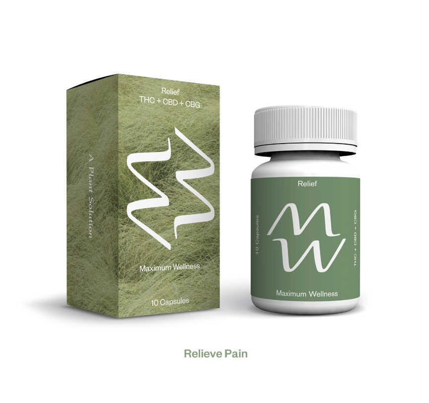 Photograph of product: Maximum Wellness Capsule Relief - 25mg 2:1:2 CBG:CBD:TH-oui 10/PK