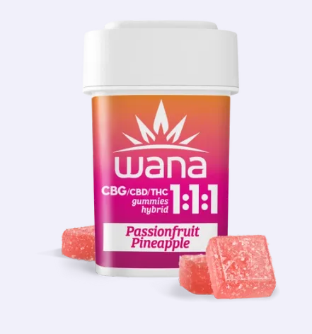 Photograph of product: 100MG 1:1:1 WANA PASSIONFRUIT PINEAPPLE GUMMIES