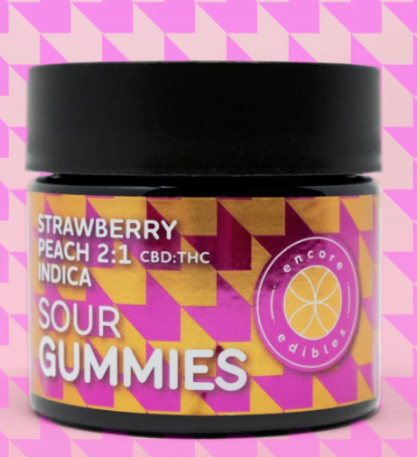 Photograph of product: Sour Strawberry Peach [20mg CBD : 10mg TH-oui] Oui'd Gummies || Encore