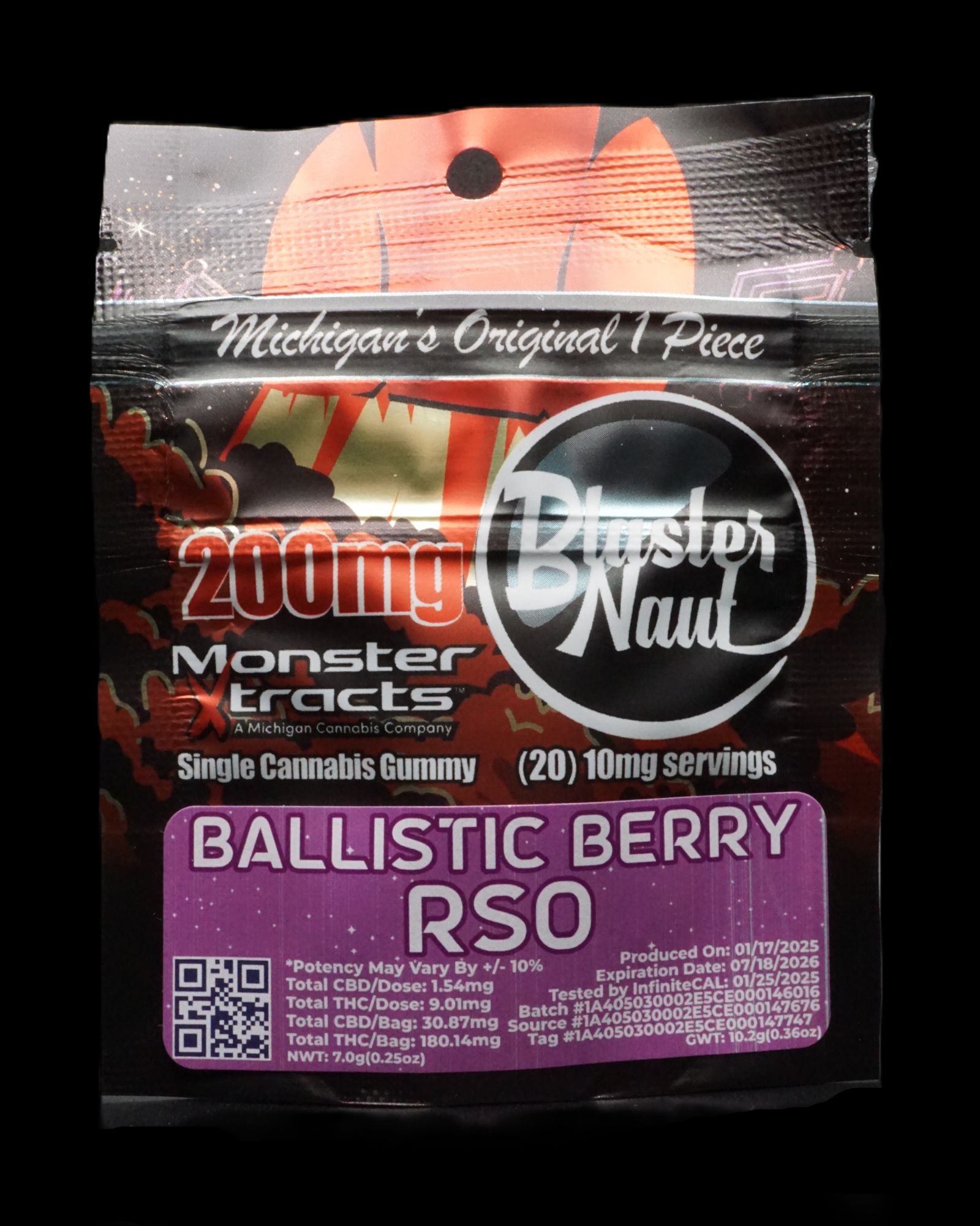 Photograph of product: GUMMY - BALLISTIC BERRY - RSO - 200MG BLASTERNAUT - MONSTER X