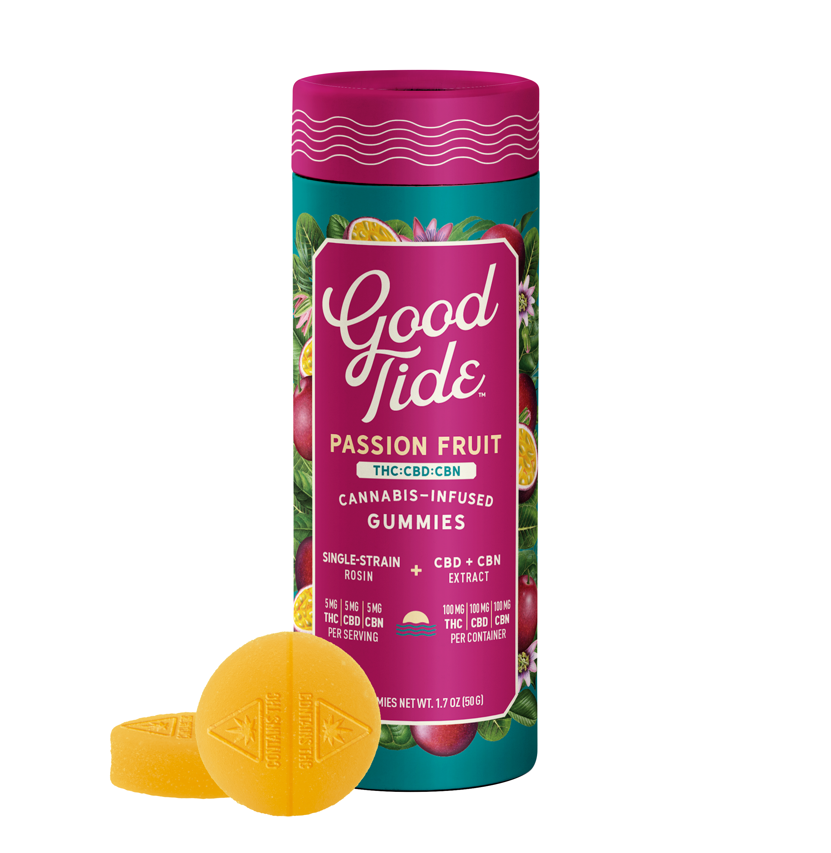 Photograph of product: 1:1:1 Passionfruit Rosin Gummies (THC:CBD:CBN) - 5mg/20pk