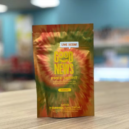 Photograph of product: Good News Free Spirit Mango Gummies 100mg 20pk (Live Resin)