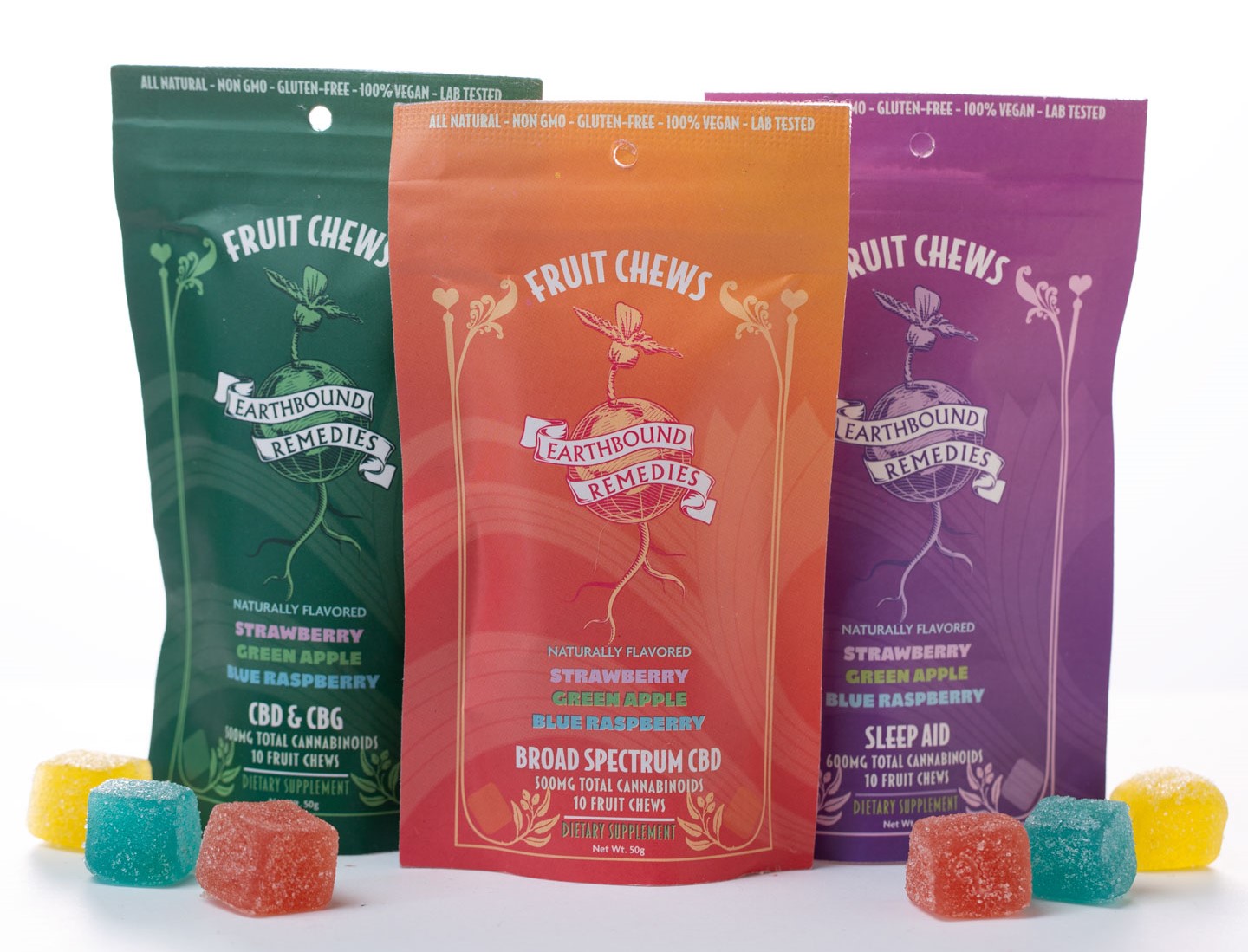 Photograph of product: Earthbound Remedies: Fruit Chew Broad Spectrum CBD Gummies 500MG