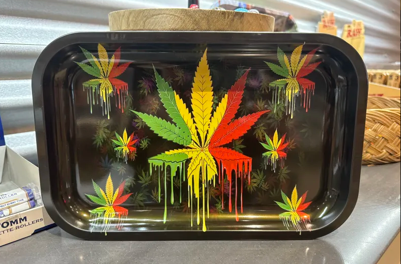 Photograph of product: Lighthouse | Large 10x7 Rolling Tray | Black Rasta Multi Color Oui'd Leaf