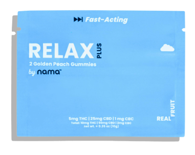 Photograph of product: Nama | Relax Plus | Golden Peach  | Gummies | 5:25:1 TH-oui:CBD:CBC | 2pc 10MG