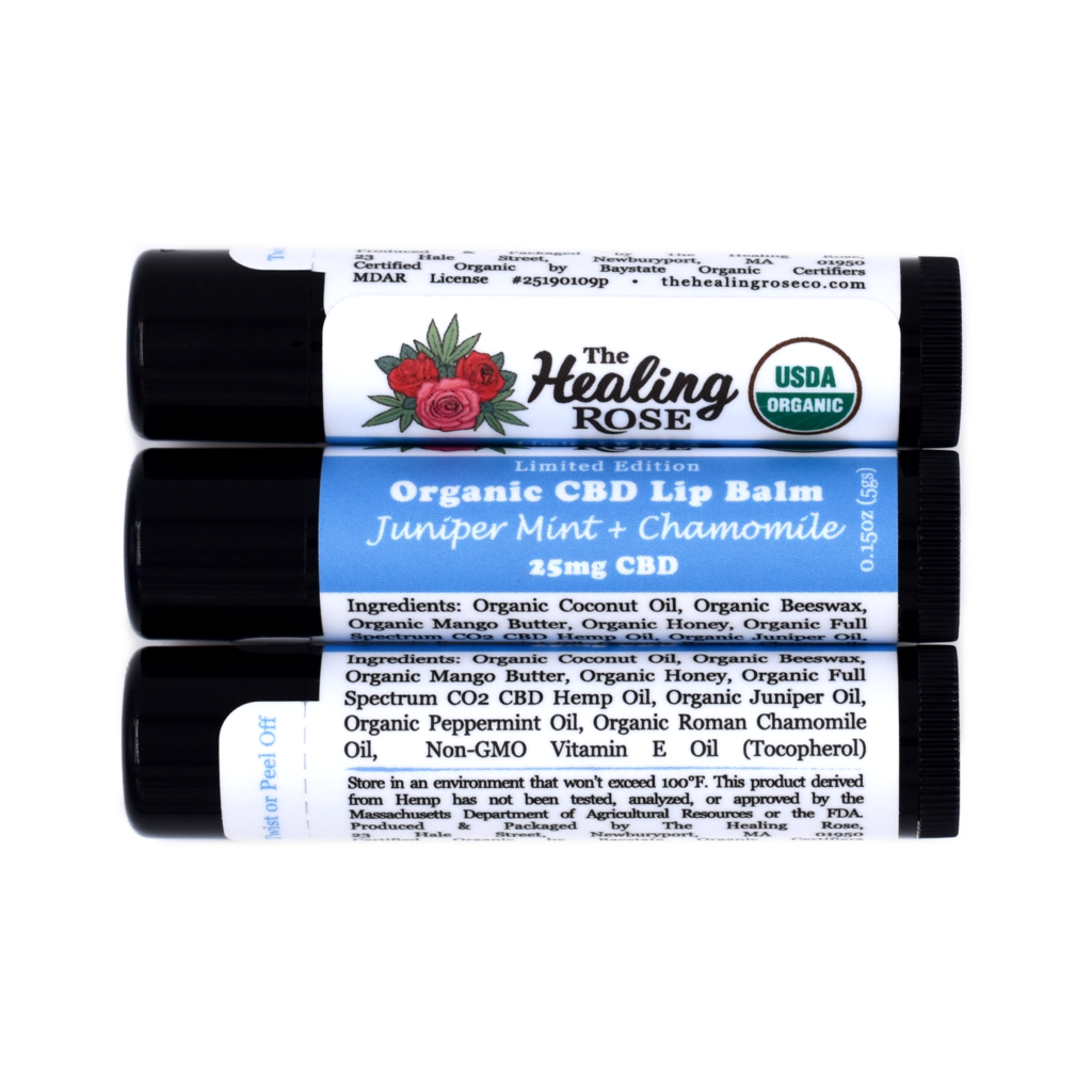 Photograph of product: 25mg CBD - Organic Juniper, Mint, & Chamomile Lip Balm - The Healing Rose
