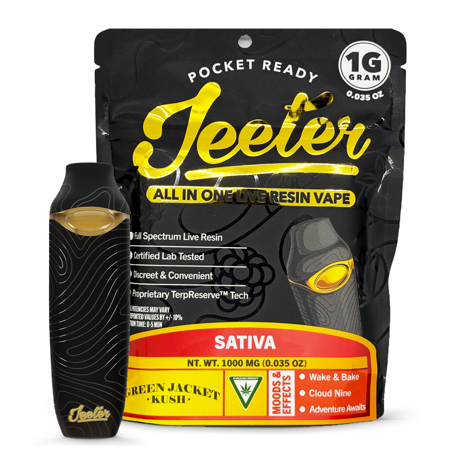 Photograph of product: Jeeter Green Jacket Kush Live Resin Disposable Vape Rec