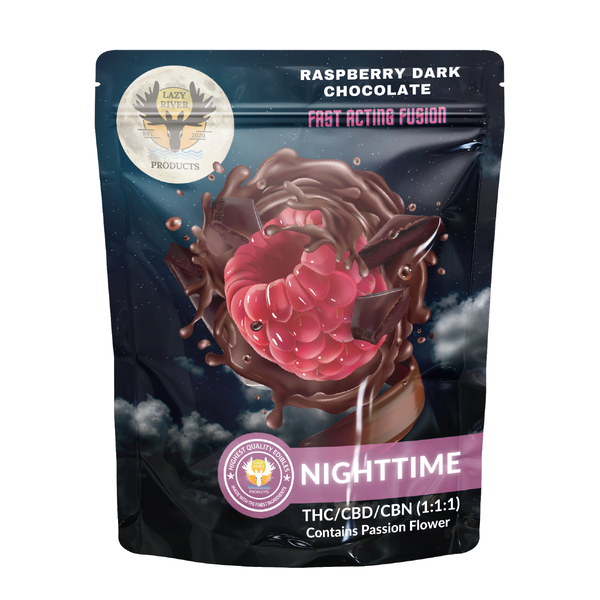 Photograph of product: Dark Chocolate & Raspberry - fast acting bites - 1:1:1 TH-oui/CBD/CBN - 5mg/piece (10 pack)