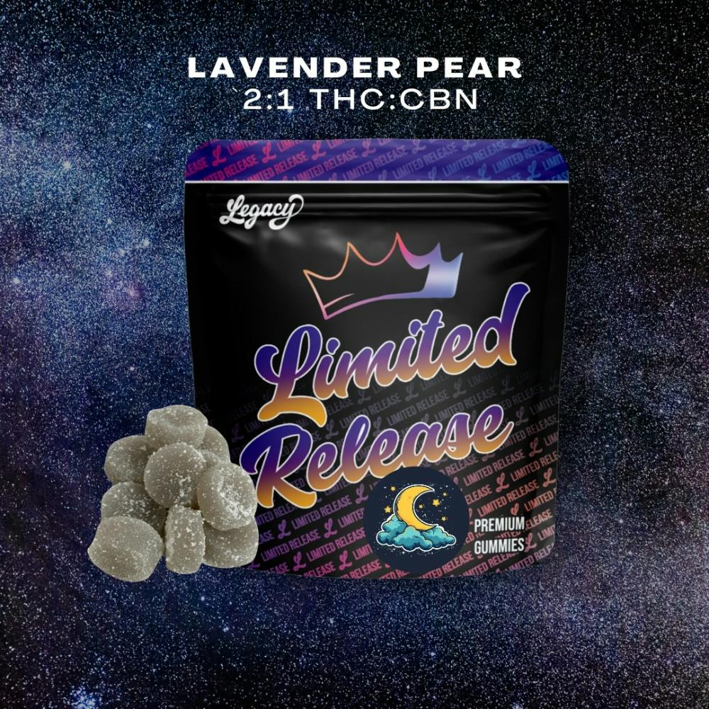 Photograph of product: LEGACY Gummies 100mg: Lavender Pear 2:1 TH-oui:CBN 10pc
