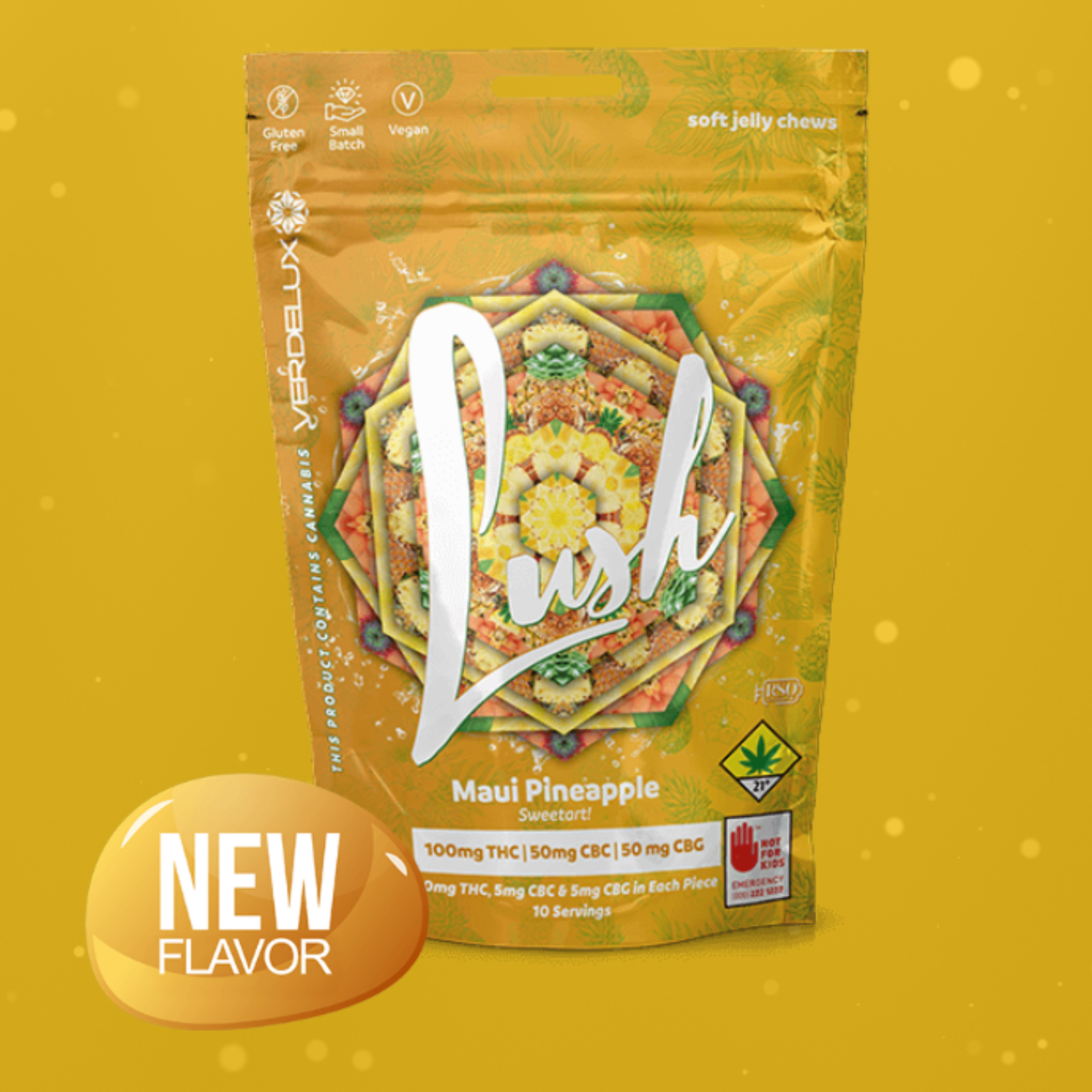 Photograph of product: Lush Maui Pineapple 2:1:1 Soft Jelly Chews Gummies 10-Pack Edibles Verdelux | 100mg TH-oui 50mg CBC 50mg CBG (DOH)