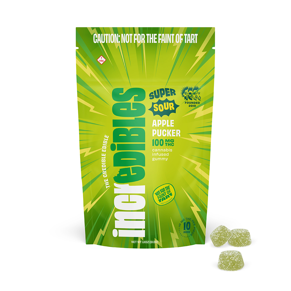 Photograph of product: Incredibles | Gummy Super Sour Apple Pucker 10pk | 100mg