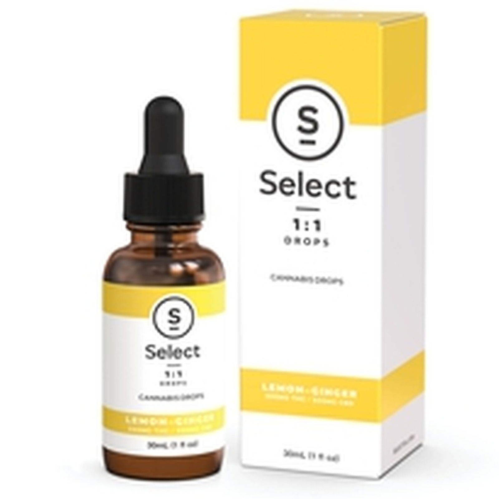 Photograph of product: Select > Drops 1000mg > 1:1 CBD:TH-oui > Lemon Ginger
