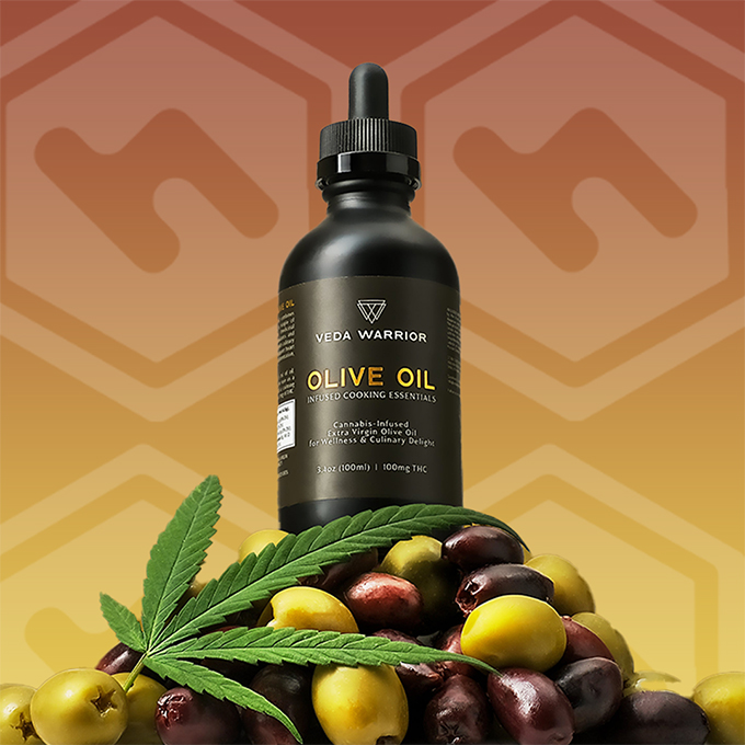 Photograph of product: Veda Warrior | Infused Olive Oil | 100mg TH-oui | 3 oz.