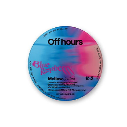 Photograph of product: Off Hours | Blue Raspberry "Mellow" (calm) Gummy | 10:2 TH-oui CBD 100MG