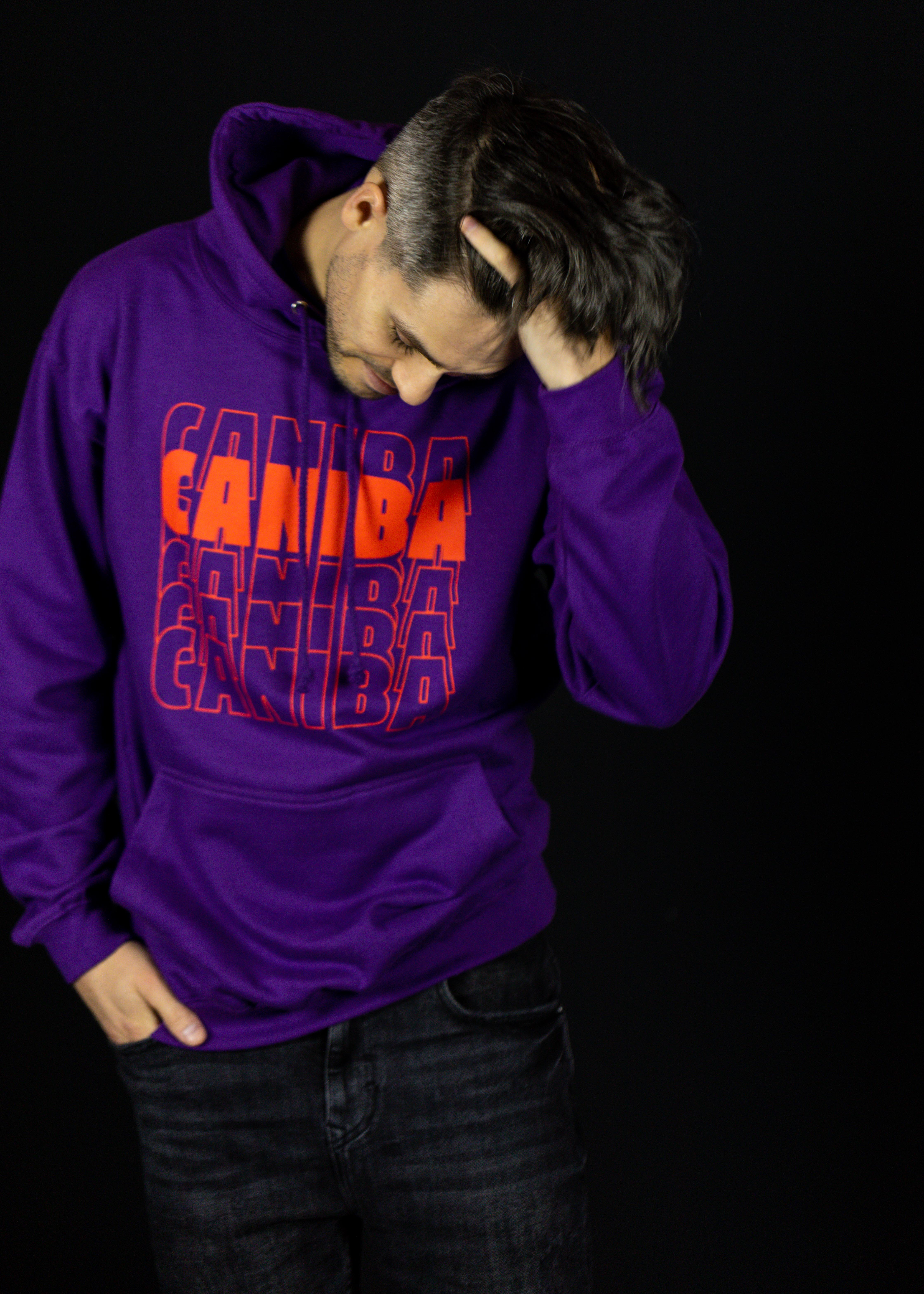 Photograph of product: Hoodie. XL. Purple. Caniba Text. Caniba