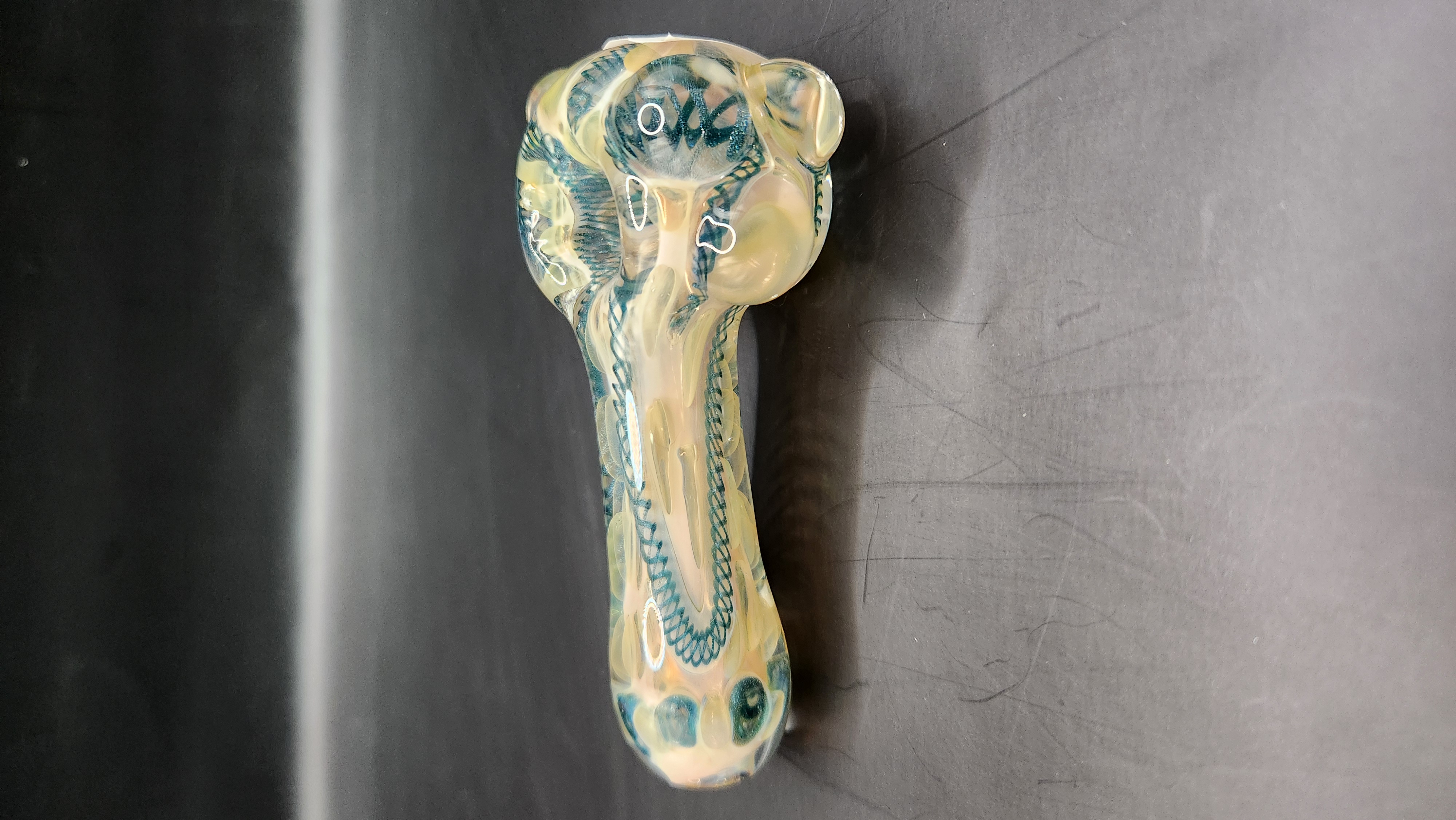 Photograph of product: Glass - German Schott Glass 3 Hole Pipe w/opal  inset