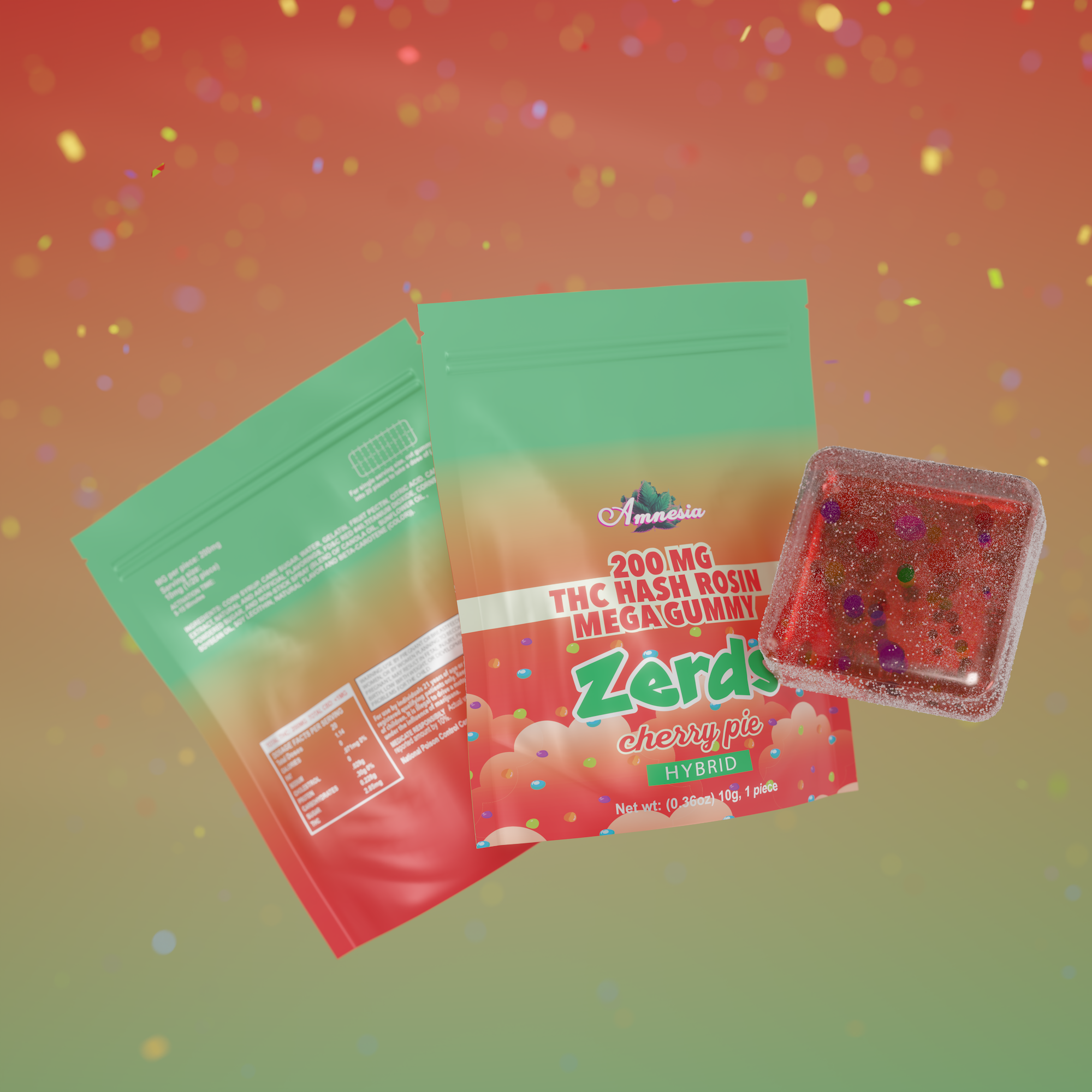 Photograph of product: Amnesia - 200mg Zerds au chocolat Rosin Single Gummy - Cherry Pie