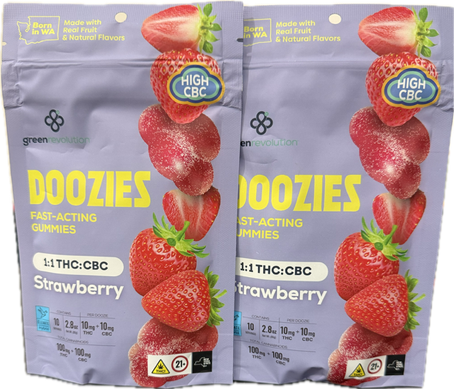 Photograph of product: Green Revolution | Gummies | Doozies | Strawberry  | 10 Pack | 100mg | Hybrid