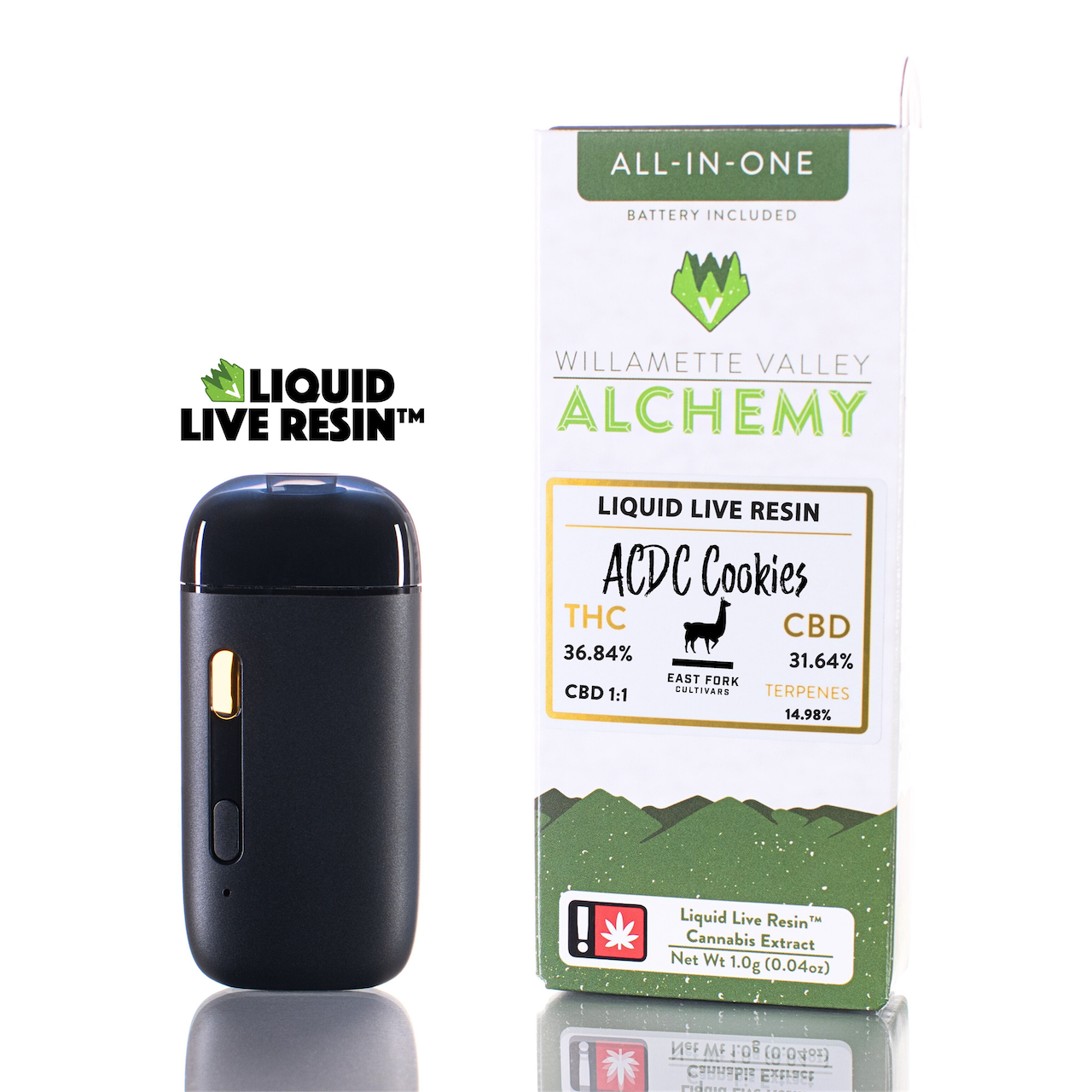 Photograph of product: WVA AIO Live Resin ACDC Cookies 1:1 Cartridge