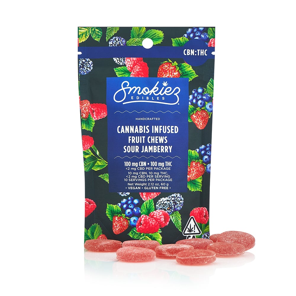 Photograph of product: Smokiez: Gummies | Sour Jamberry 1:1 | 100mg CBN : 100mg TH-oui | 10pk