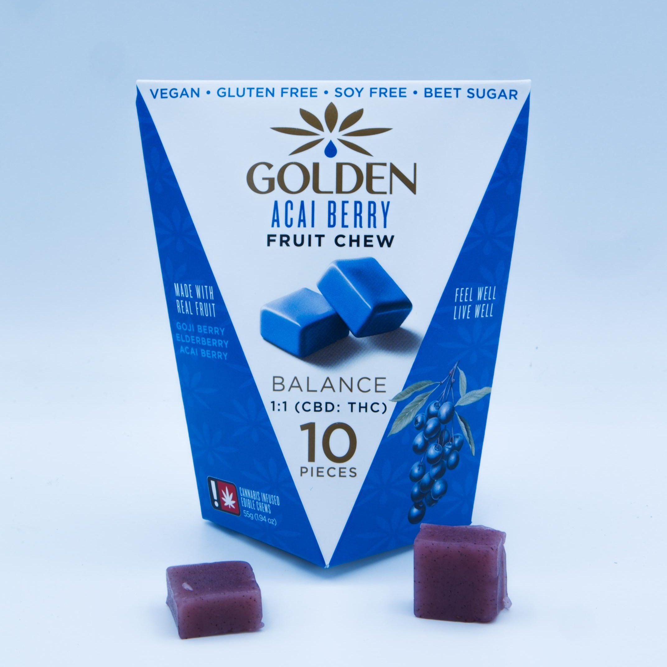 Photograph of product: Golden: 100mg Fruit Chew - 1:1 TH-oui:CBD Acai Berry