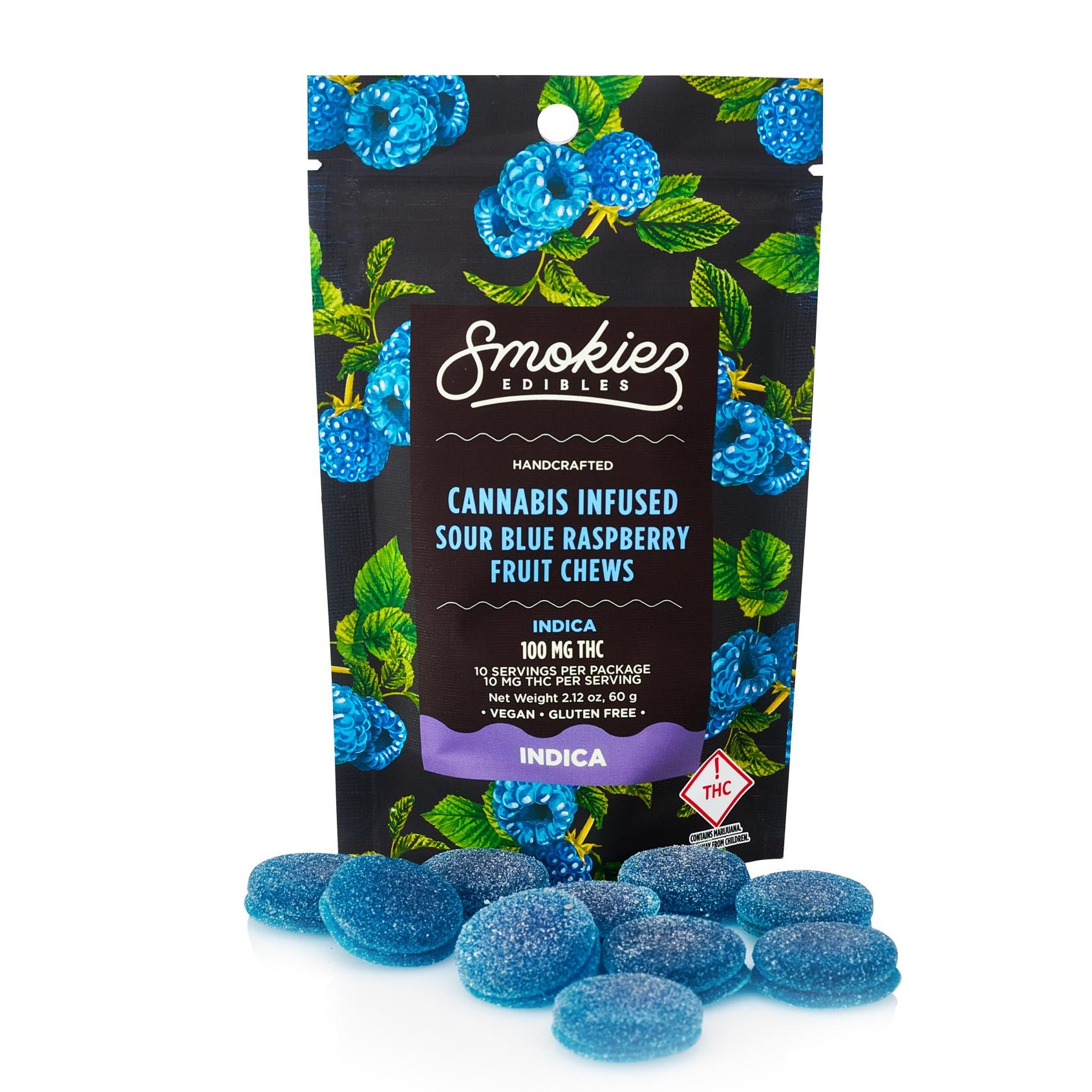 Photograph of product: Sour Blue Raspberry (I) - 100mg Gummies - Smokiez