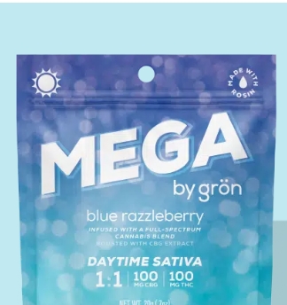 Photograph of product: Grn - Mega - Blue Razzleberry - Daytime Oui'd - 1:1 (CBG:TH-oui) Edibles