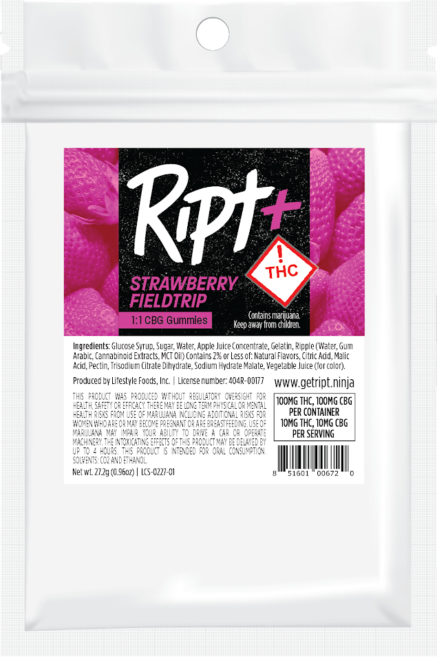 Photograph of product: Ript - Gummies - Strawberry Fieldtrip 1:1 CBG 100mg (H)