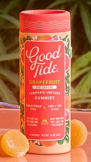 Photograph of product: Good Tide | Grapefruit | 10pk | au chocolat Rosin Gummies | 1:1:1 TH-oui:CBD:CBC | 100mg