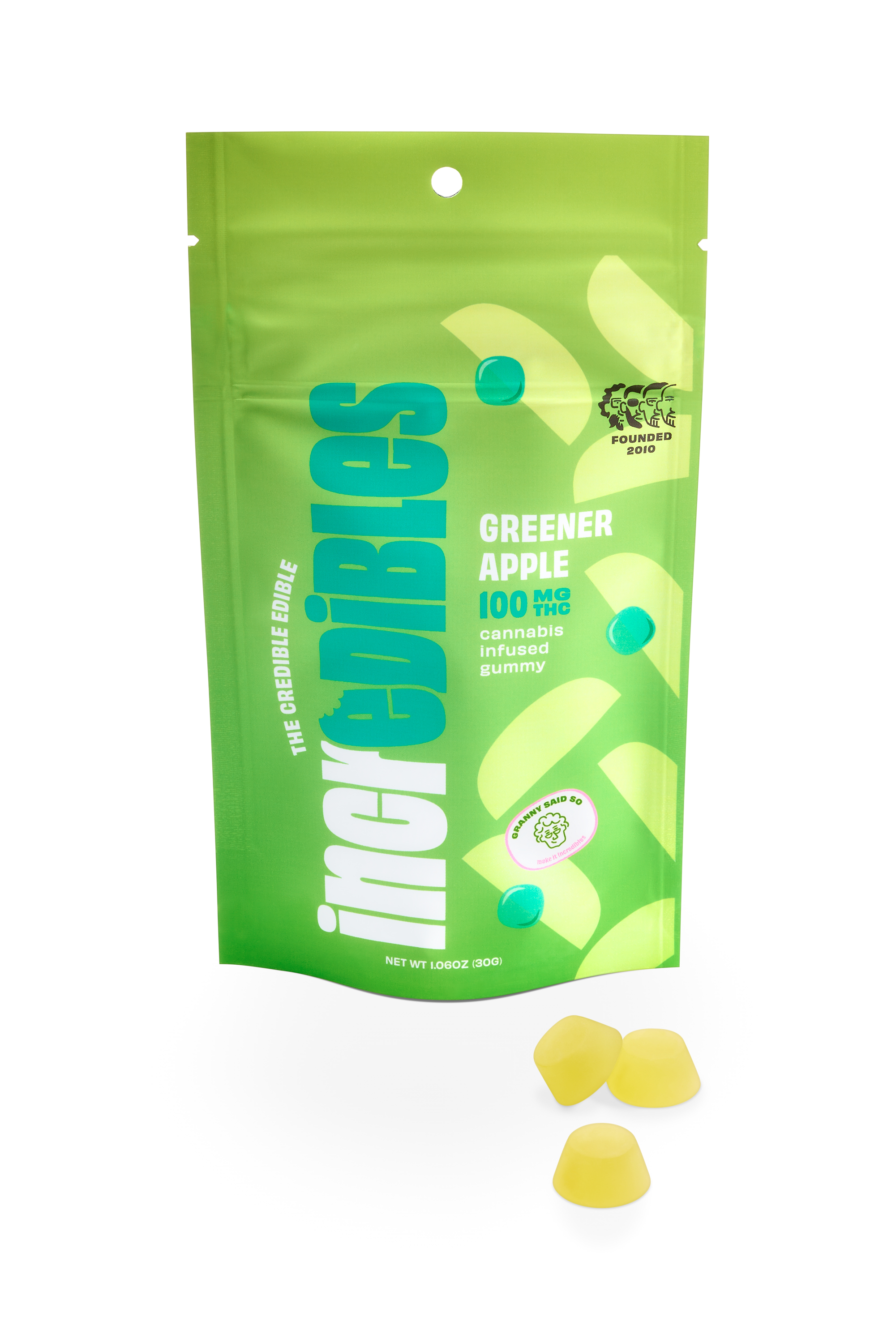 Photograph of product: Greener Apple | 25mg | 4pk Gummies | Incredibles