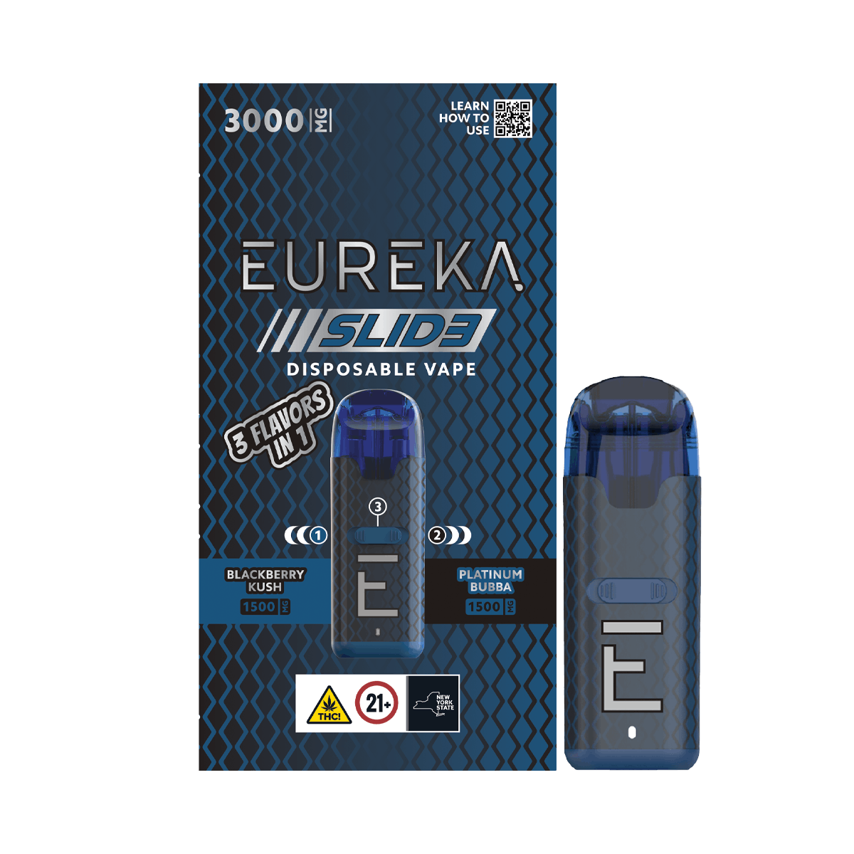 Photograph of product: Eureka | Blackberry Kush + Platinum Bubba | Disposable 3-in-1 Vape | 3g
