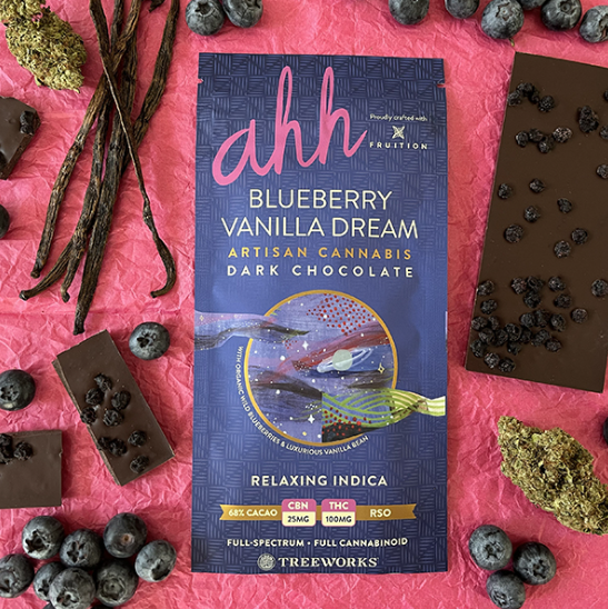 Photograph of product: Blueberry Vanilla Dream 4:1 (TH-oui:CBN) Chocolate Bar | 100mg/20pc