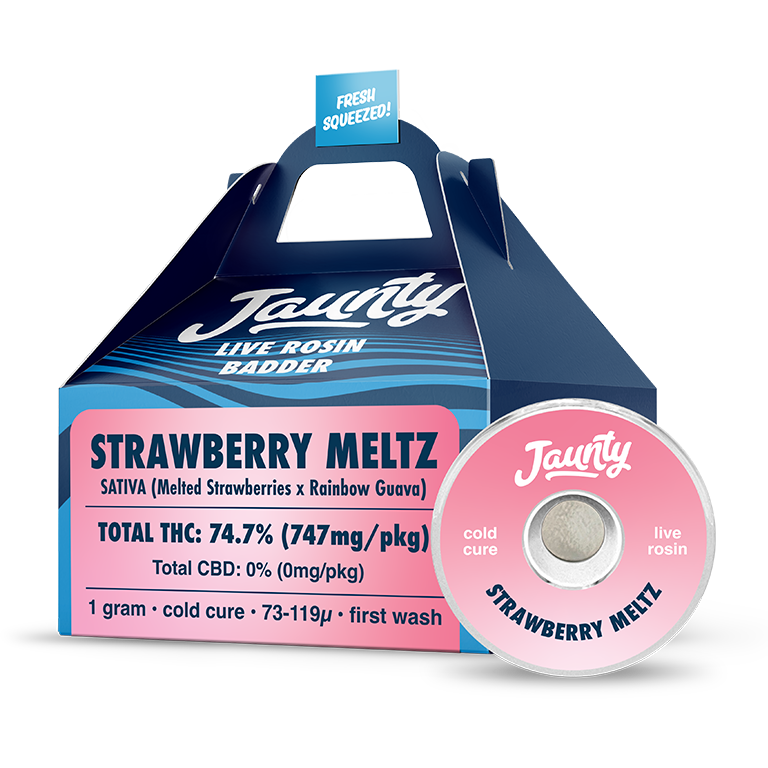 Photograph of product: Jaunty | Live Rosin Badder | Strawberry Meltz | 1g | Oui'd | 72.9% TH-oui