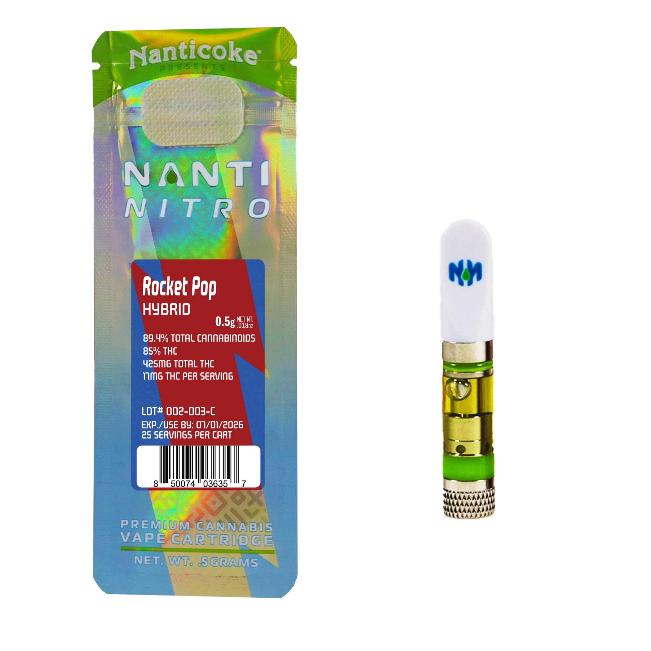 Photograph of product: Nanti Nitro: Rocket Pop | 0.5g Vape Cartridge