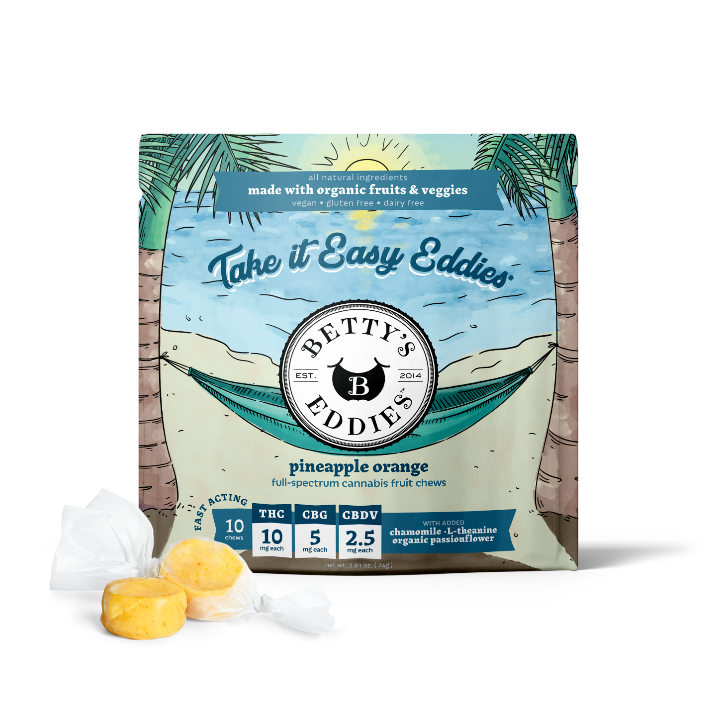 Photograph of product: Pineapple Orange | 10mg TH-oui: 5mg CBG: 2.5mg CBDV | 10pk Fruit Chews | Betty's Eddies
