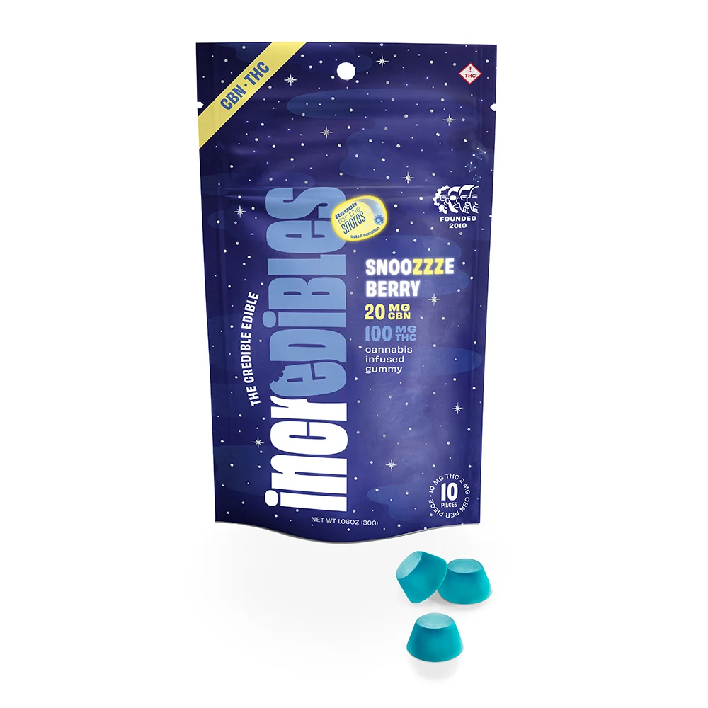 Photograph of product: INCREDIBLES Gummies 200mg: Snoozzzierberry 2:1:1 TH-oui:CBN:CBG