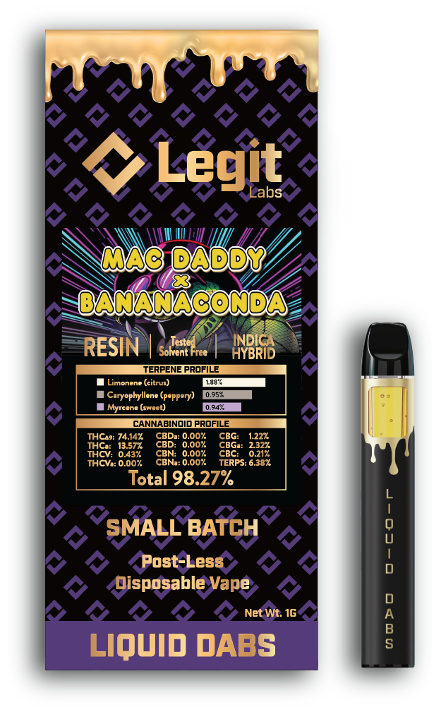 Photograph of product: Legit Labs | Postless Disposable Vapor Cartridge | Cured Resin | MAC Daddy x Banaconda