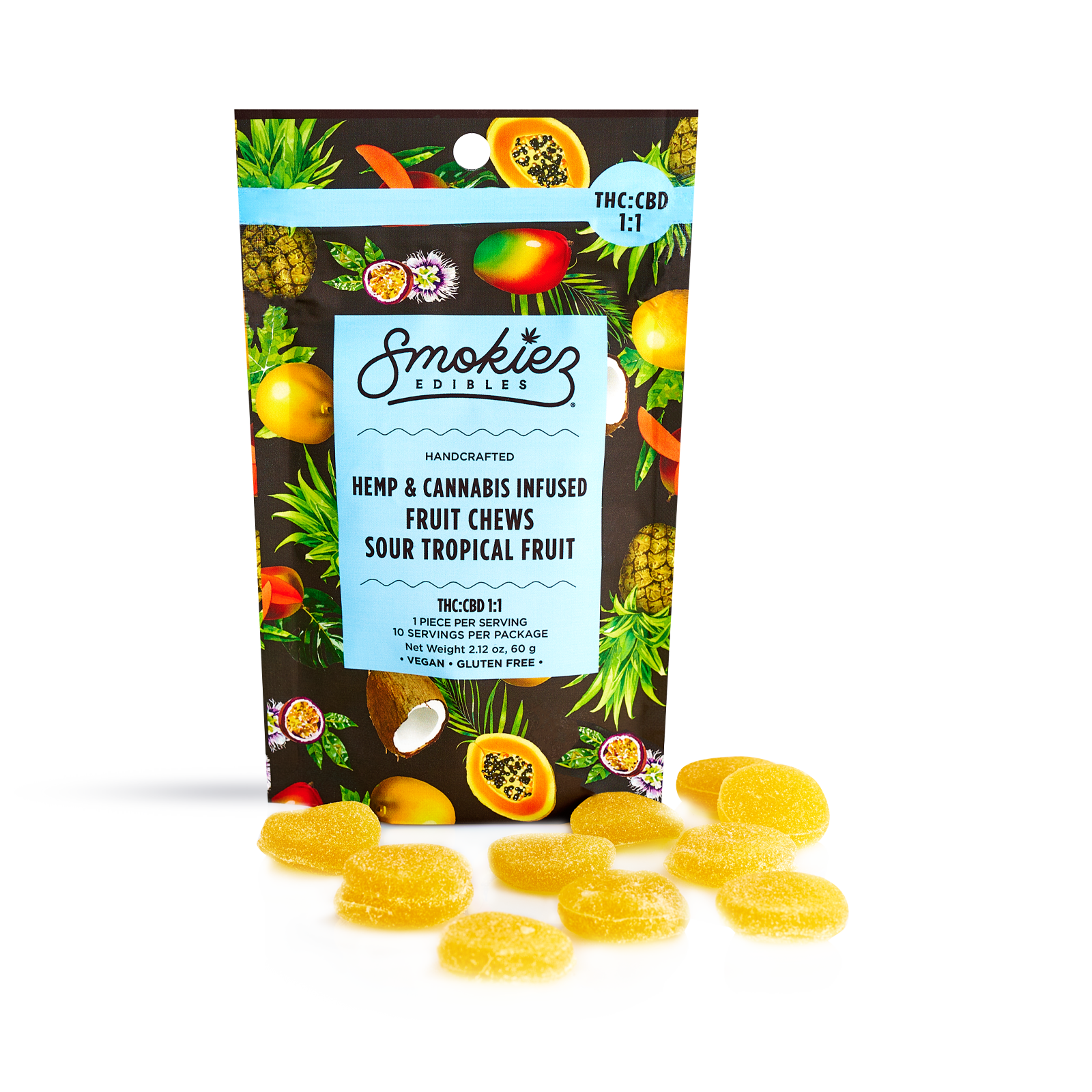 Photograph of product: CBD:TH-oui 1:1 Sour Tropical 100mg CBD:100mg TH-oui Fruit Chews