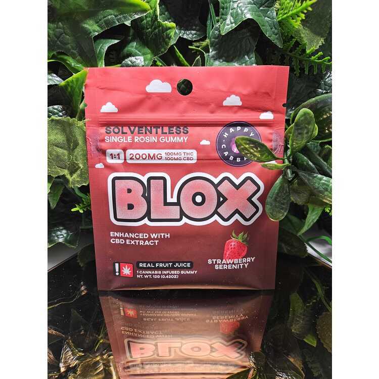 Photograph of product: Strawberry Serenity CBD 1:1 Blox - 100mg TH-oui 100mg CBD Single Solventless Gummy - Happy Cabbage