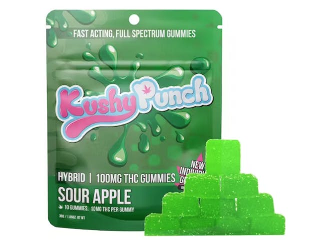 Photograph of product: Kushy Punch- Hybrid Sour Apple INDIVIDUAL GUMMIES 100MG