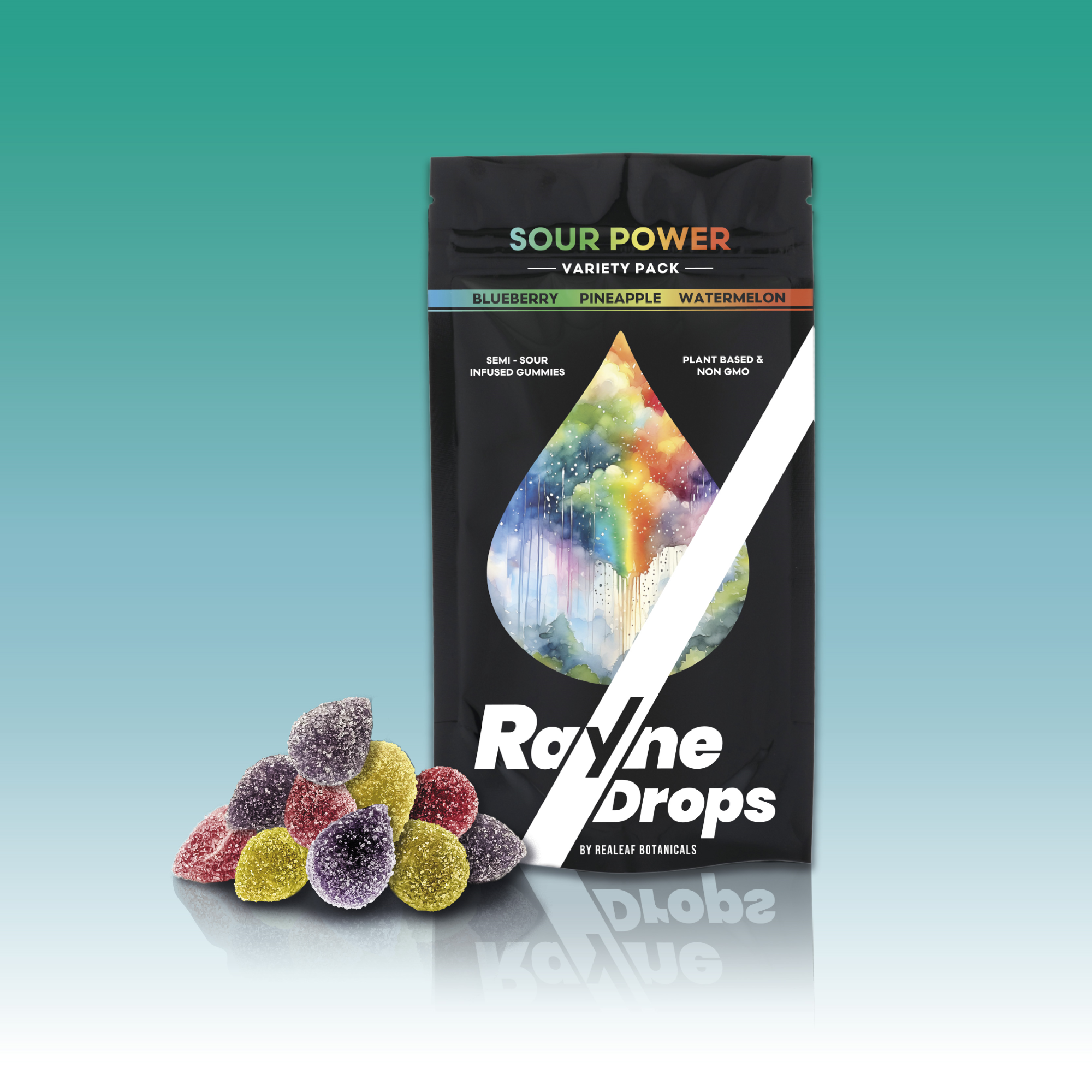 Photograph of product: RAYNE DROPS Gummies 25mg: Sour Power Variety Pack 10:7:1 CBD:CBG:TH-oui 10pk