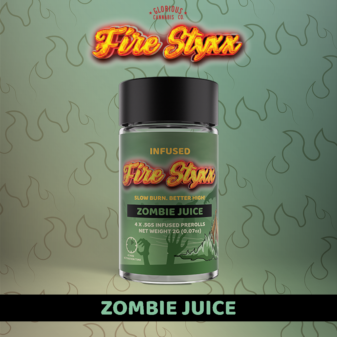 Photograph of product: Glorious | Zombie Juice | 4pk/.5G Distillate/Terp Infused Fire Styxx