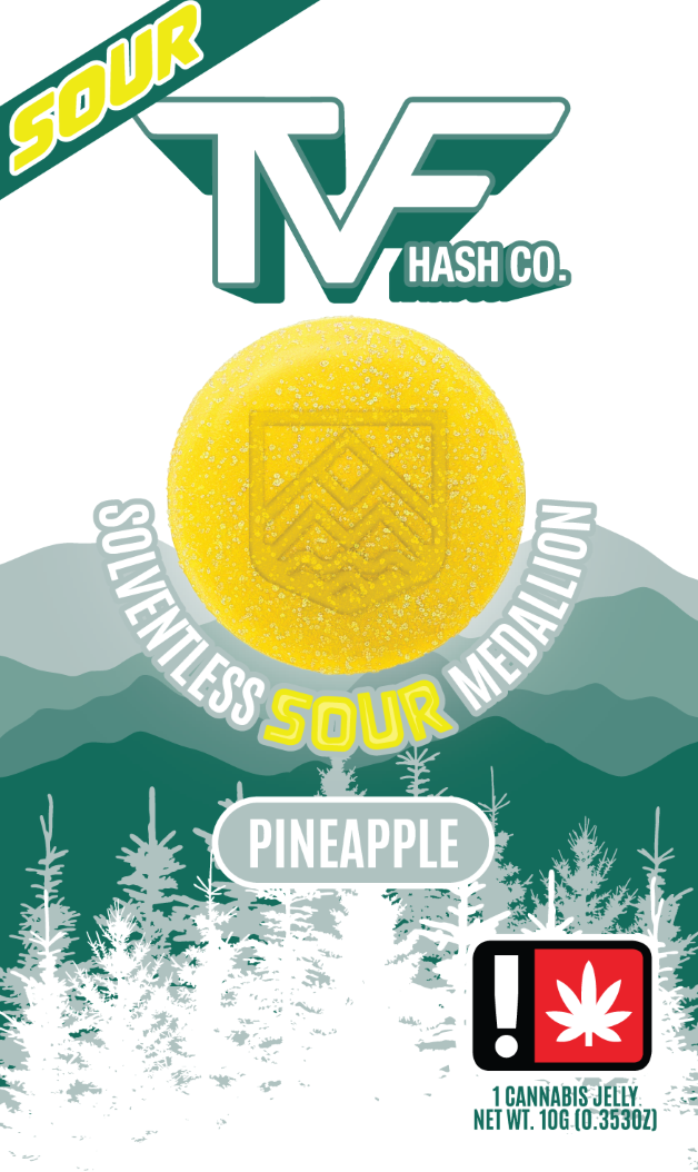 Photograph of product: TVF au chocolat Co. 100mg SOUR PINEAPPLE Oui'd Solventless Medallion Single Jelly