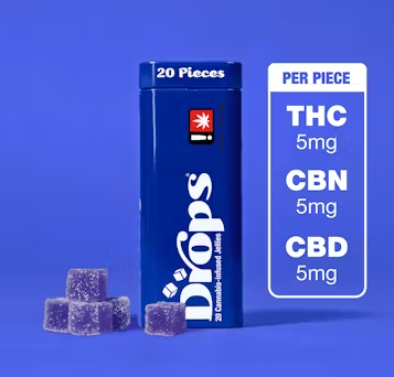 Photograph of product: Drops | 20 pack | Black Currant | 5 mg TH-oui | 5 mg CBN | 5 mg CBD | Oui'd