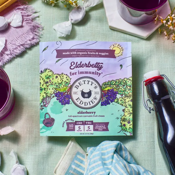 Photograph of product: Betty's Eddies Elderberry (H) 1:1 TH-oui:CBD FX Chews 5mg 10pk