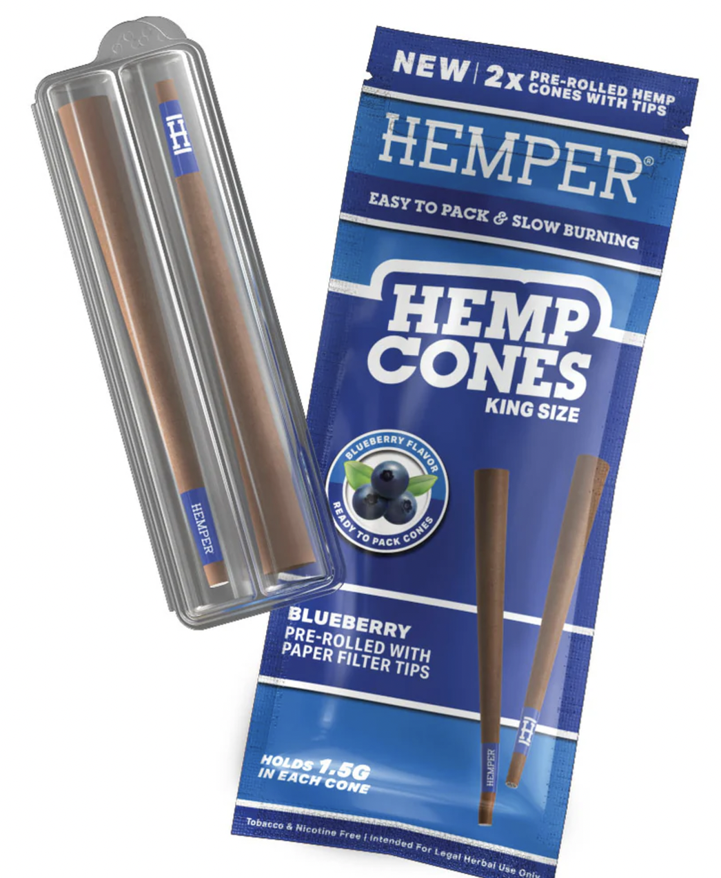 Photograph of product: HEMPER BLUEBERRY KING SIZE HEMP CONES W/ GLASS TIPS 2PK